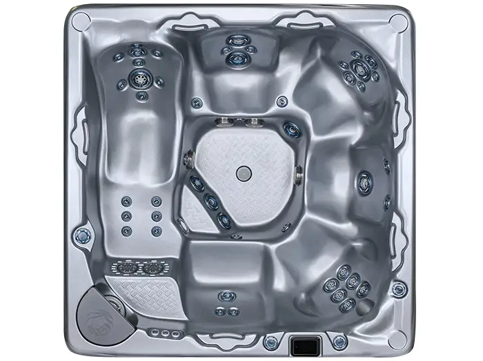 An overhead view of a Beachcomber hot tub showing its seating and jet layout