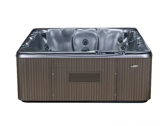 A spacious hot tub with moulded seating and a wood-look cabinet