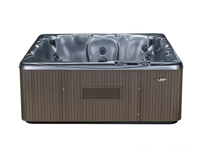 A spacious hot tub with moulded seating and a wood-look cabinet