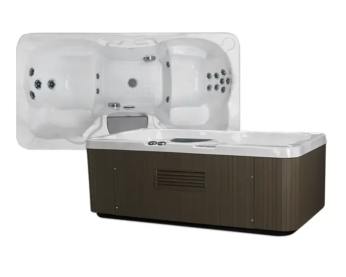 A two-person hot tub shown from above and the side, with a wood-look cabinet