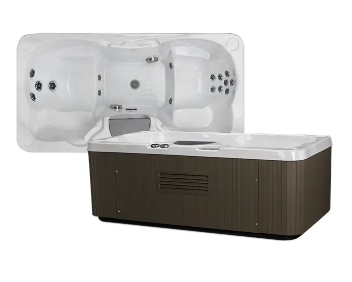 A two-person Beachcomber hot tub shown from above and the side