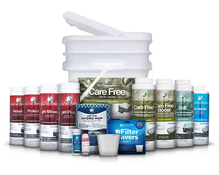 A range of hot tub water-care products and chemicals