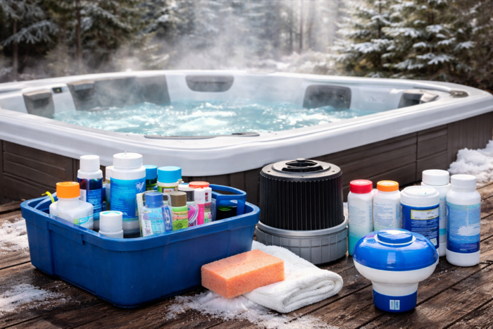 Water-care chemicals and supplies beside a steaming hot tub in winter